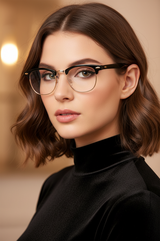 Browline Glasses Semi Rimless Clear Lens UV400 (Black/Gold)