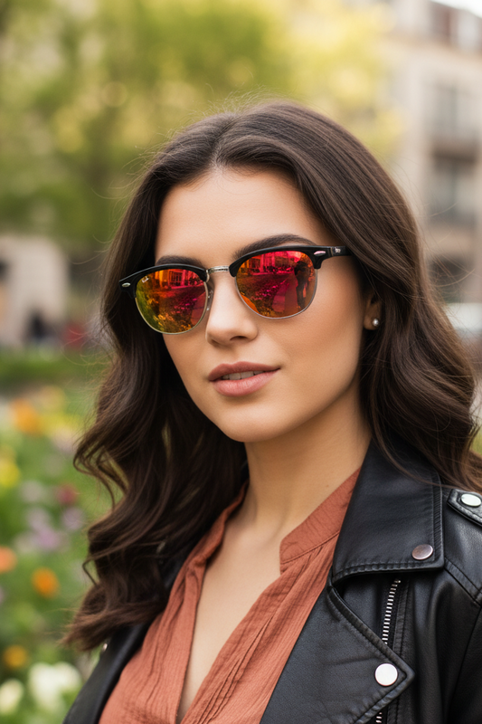 Browline Sunglasses Classic Semi Rimless Color Mirror Lens (Sunset)