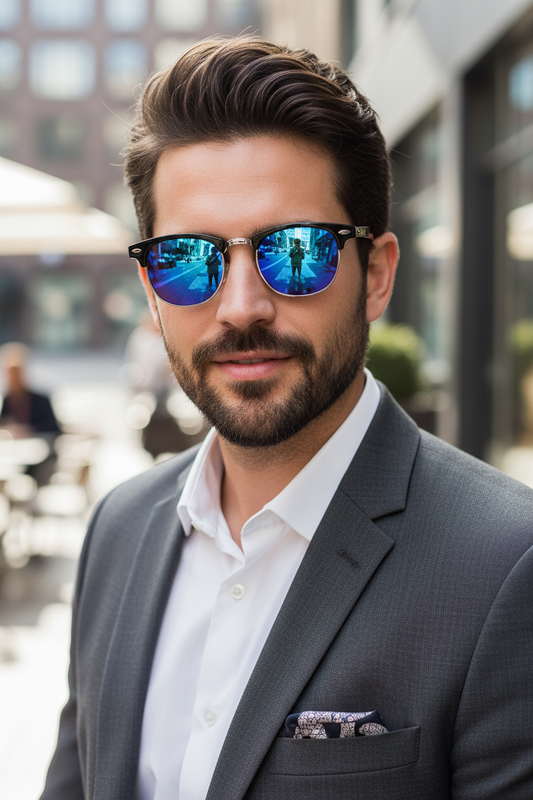 Browline Sunglasses Classic Semi Rimless Color Mirror Lens (Blue/Purple)