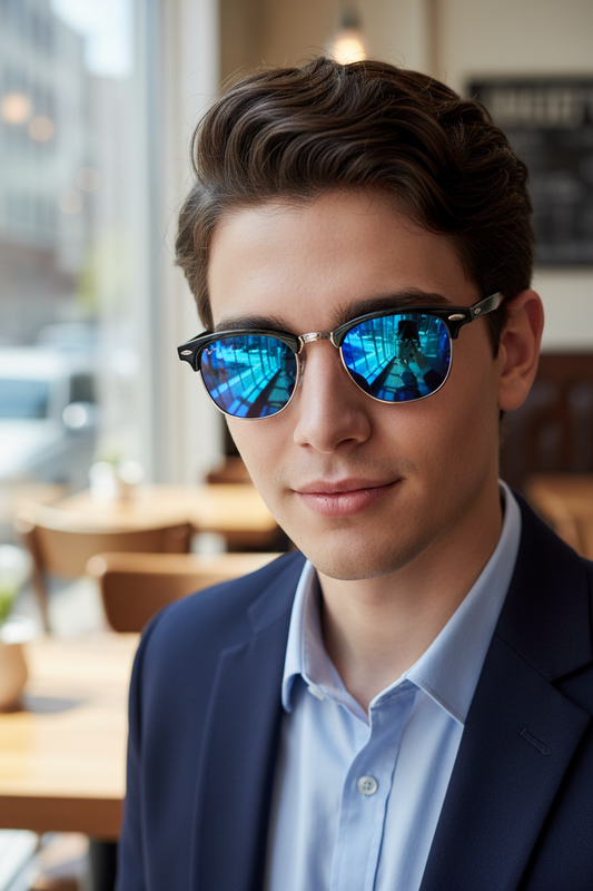 Browline Sunglasses Classic Semi Rimless Color Mirror Lens (Ocean)