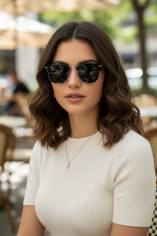 Browline Sunglasses Classic Semi Rimless Super Dark Lens (Black/Silver/Black)
