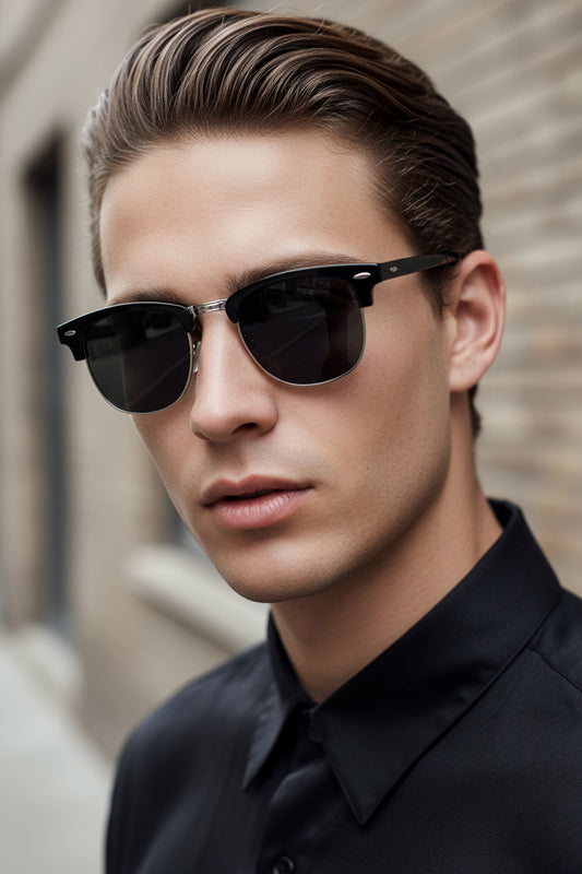 Polarized Sunglasses Super Dark Lens Semi Rimless (Black/Silver/Black)