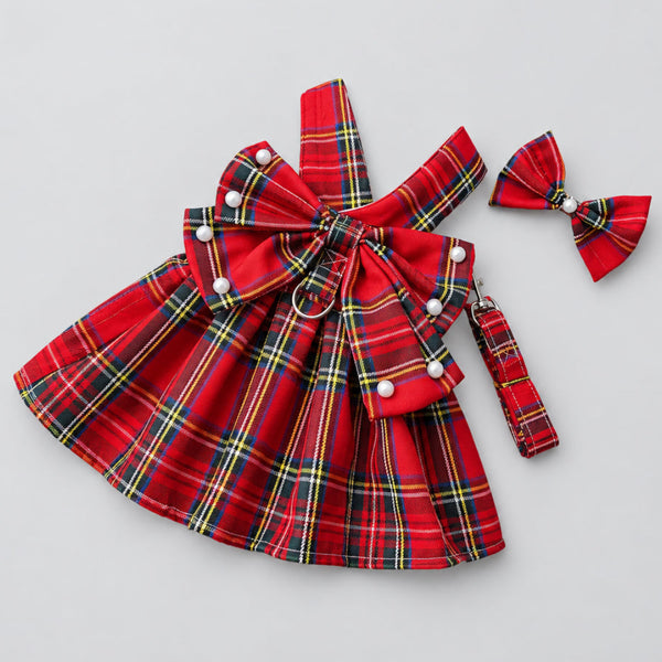 Pet Harness Plaid Dress with Hair Bow and Matching Leash for Dogs Cats