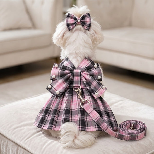 Pet Harness Plaid Dress with Hair Bow and Matching Leash for Dogs Cats