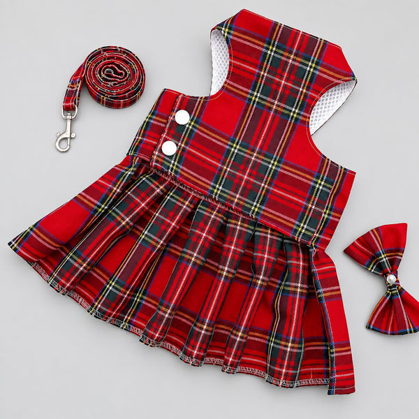 Pet Harness Plaid Dress with Hair Bow and Matching Leash for Dogs Cats
