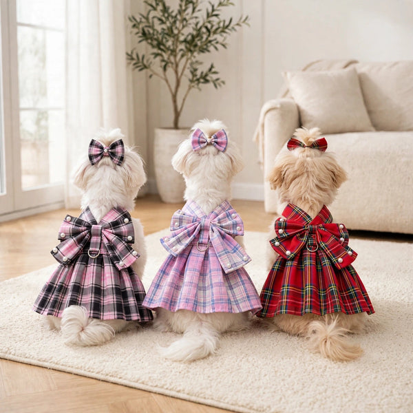 Pet Harness Plaid Dress with Hair Bow and Matching Leash for Dogs Cats