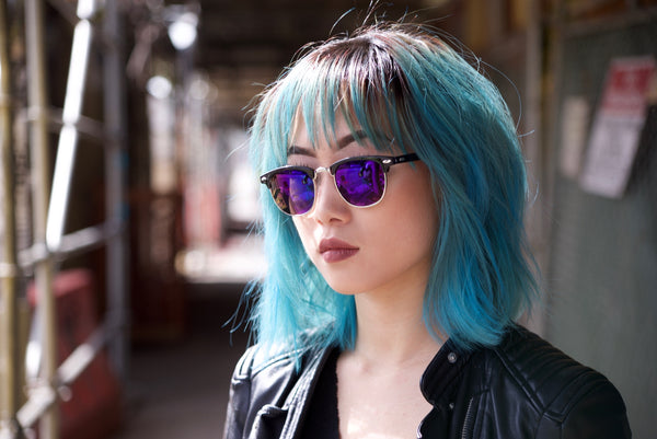 Browline Sunglasses Classic Semi Rimless Color Mirror Lens (Purple)