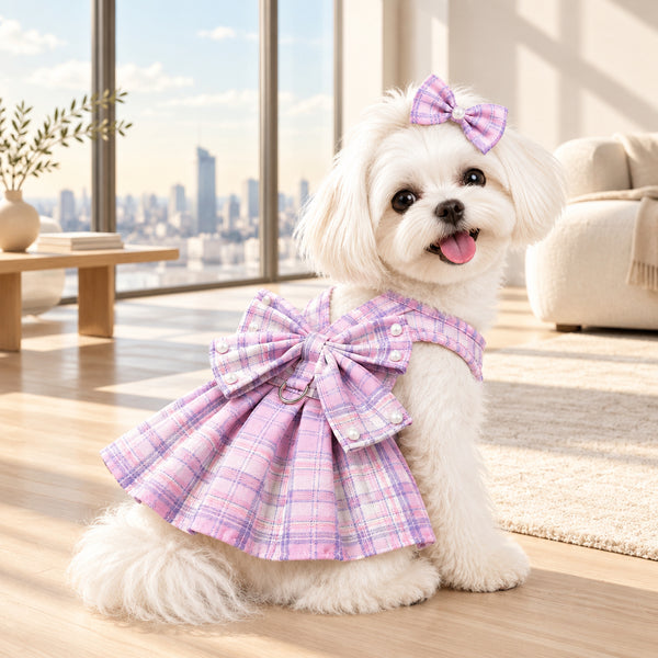 Pet Harness Plaid Dress with Hair Bow and Matching Leash for Dogs Cats