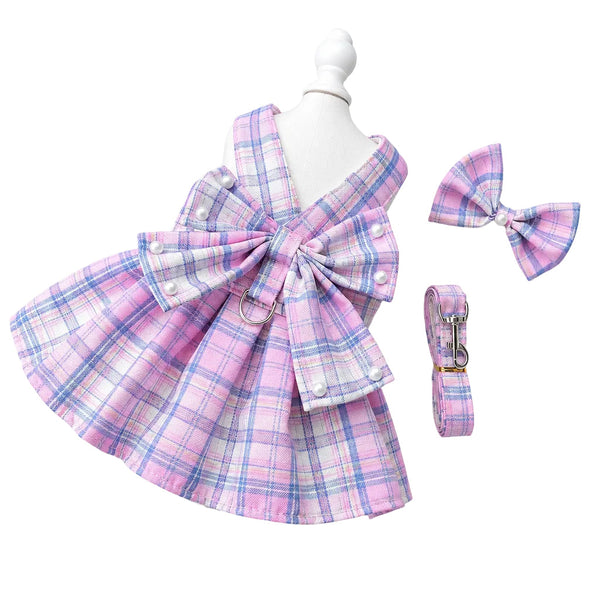Pet Harness Plaid Dress with Hair Bow and Matching Leash for Dogs Cats