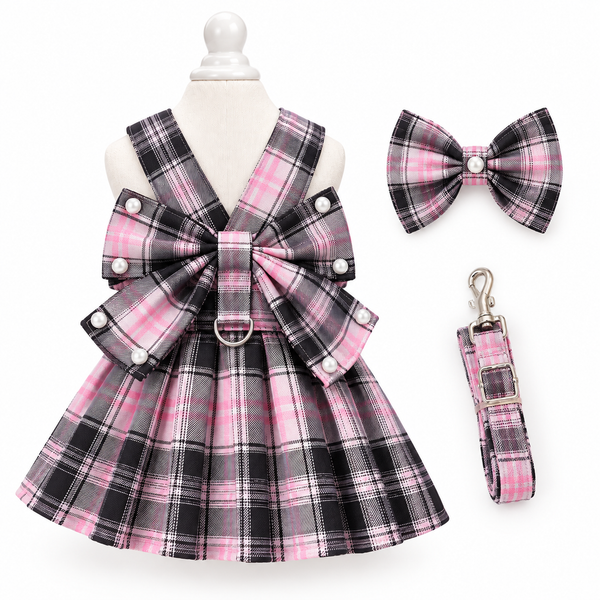Pet Harness Plaid Dress with Hair Bow and Matching Leash for Dogs Cats