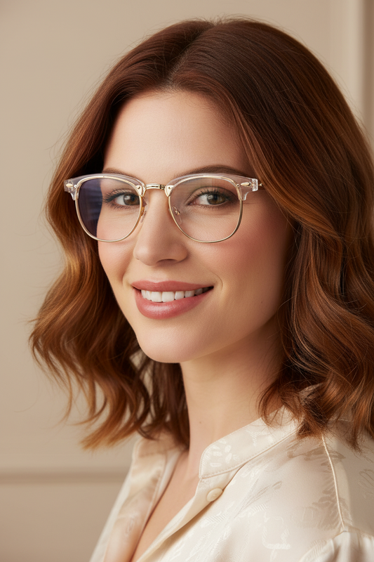 Browline Glasses Semi Rimless Crystal Clear Frame Hipster UV400 (Gold)