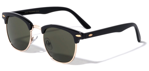Browline Sunglasses Classic Semi Rimless Dark Lens (Black/Gold/Green)