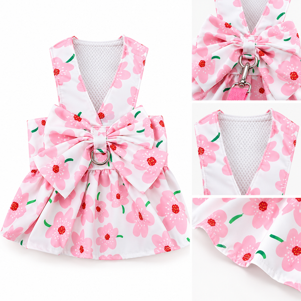 Pet Harness Floral Dress with Matching Leash