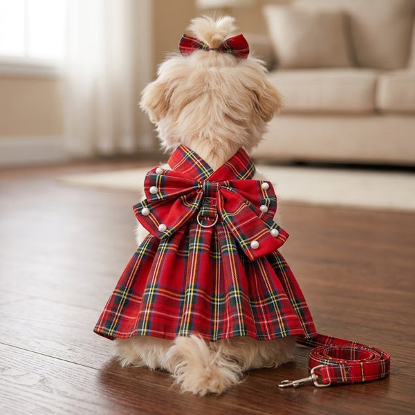 Pet Harness Plaid Dress with Hair Bow and Matching Leash for Dogs Cats