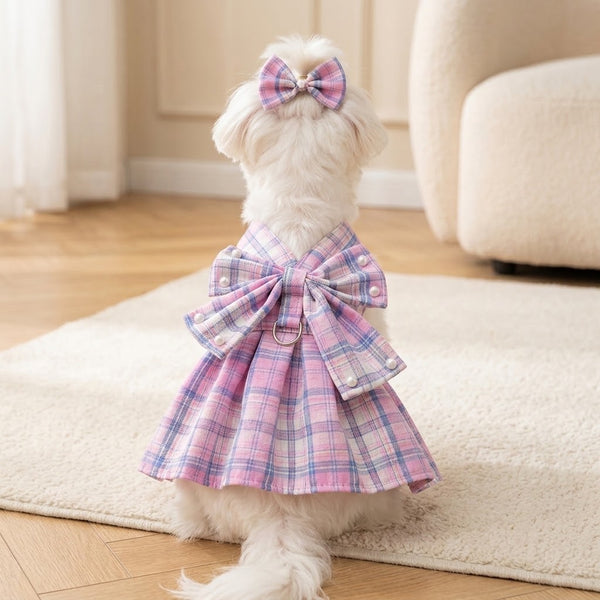 Pet Harness Plaid Dress with Hair Bow and Matching Leash for Dogs Cats
