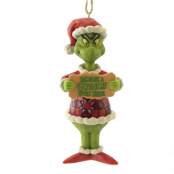 Jim Shore Santa Grinch Christmas Ornament Beware a Grinch Lives Here Sign