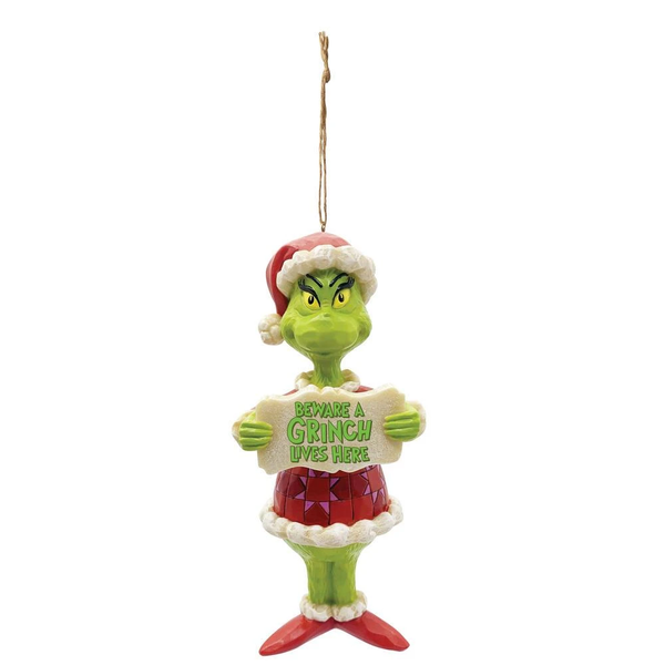 Jim Shore Santa Grinch Christmas Ornament Beware a Grinch Lives Here Sign